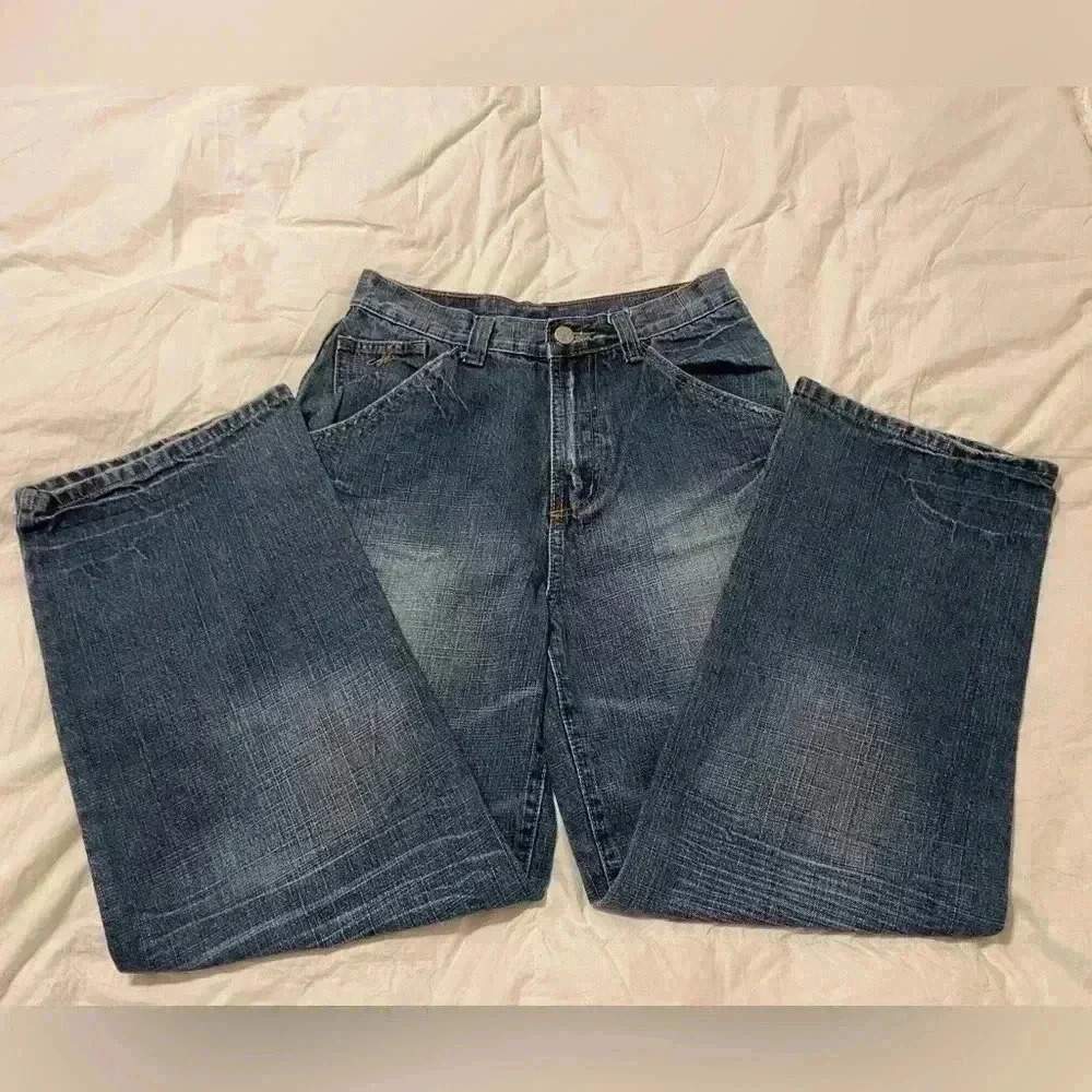 VTG MAKAVELI Brand Tupac Denim Jeans Rap Portrait Logo 90s 2Pac Size 14 wide leg - Picture 6 of 16